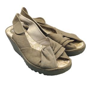 FLY LONDON Sandal Beige Yakin Yata Knot  Peep Toe Slingback Wedge Heel 40 9 9.5